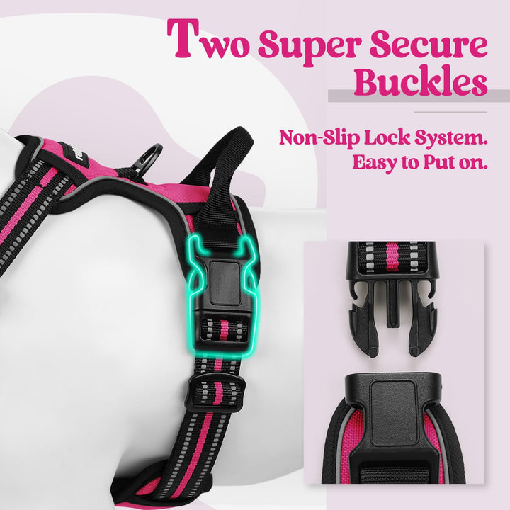 Dog Harness No Pull with 2 Leash Clips, Adjustable Soft Padded, Reflective Oxford No Choke Pet Vest with Easy Control Handle for Large Dogs, Hot Pink, L