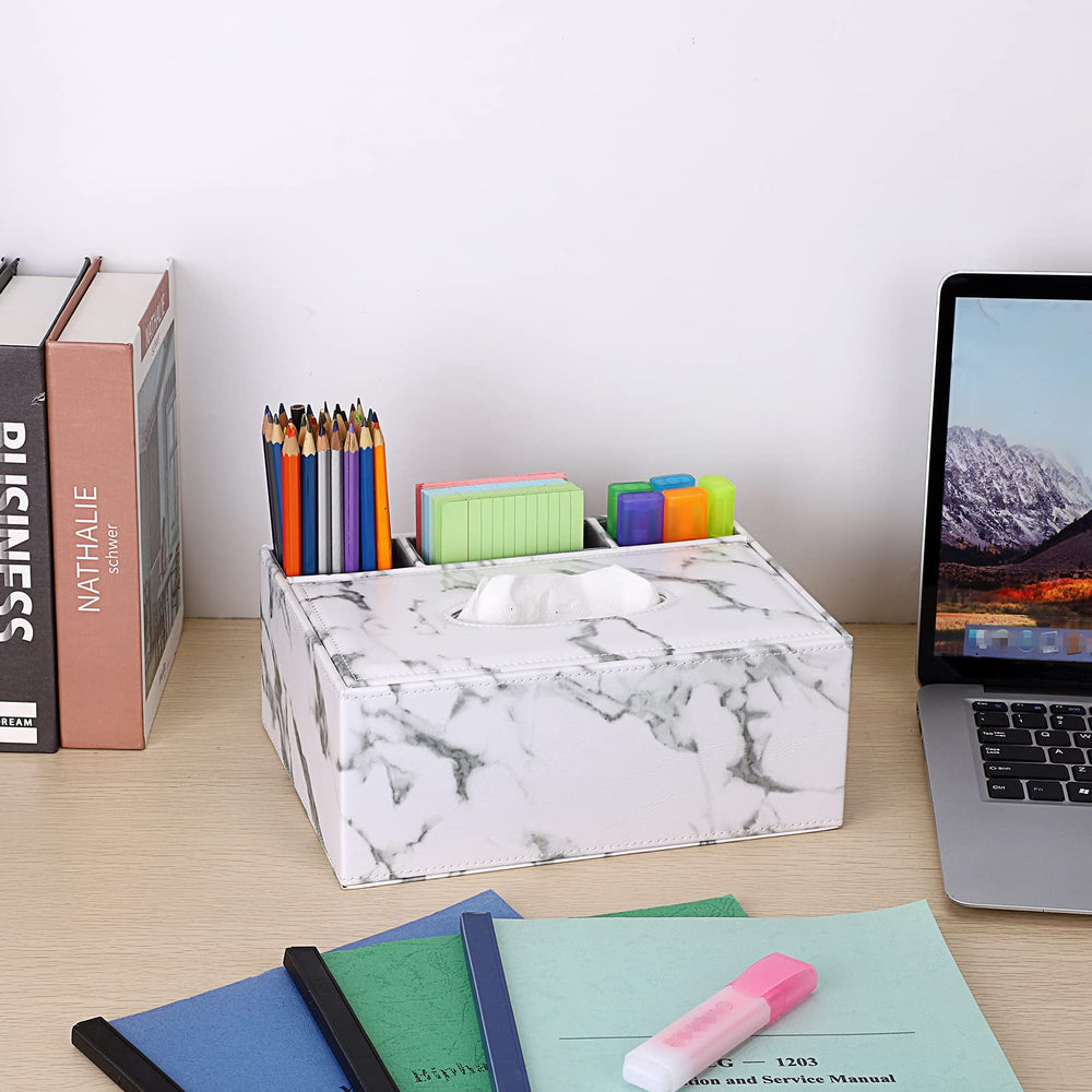 PU Rectangular Tissue Box Cover - Multifunctional Tissue Box Holder with Stationery Remote Control Box, Decorative Tissue Pen Remote Organizer for Home/Office/Car/Restaurant, Marble White