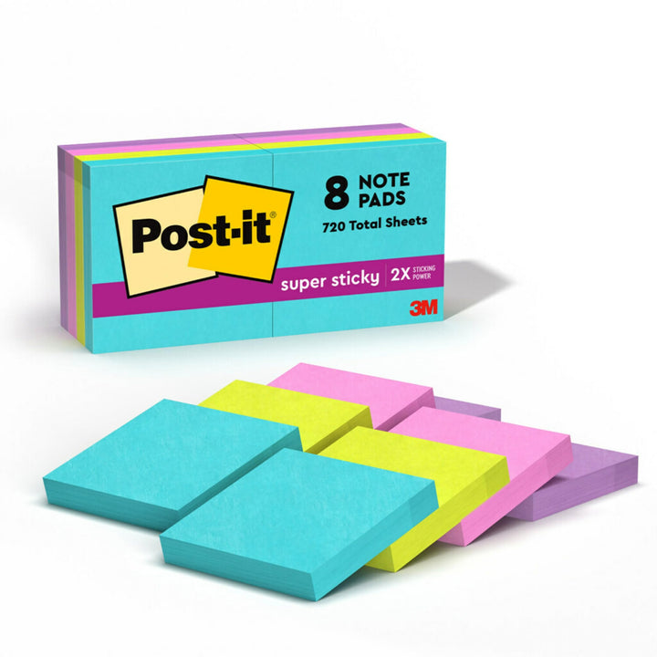Super Sticky Notes,2x2 in, 8 Pads, 2x the Sticking Power, Supernova Neons Collection, Recyclable, 90 sheets/Pad