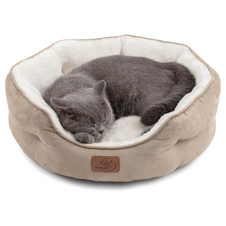 Dog Beds for Small Dogs - Round Cat Beds for Indoor Cats, Washable Pet Bed for Puppy and Kitten with Slip-Resistant Bottom, 20 Inches, Camel