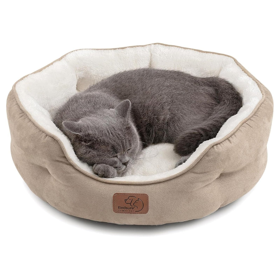 Dog Beds for Small Dogs - Round Cat Beds for Indoor Cats, Washable Pet Bed for Puppy and Kitten with Slip-Resistant Bottom, 20 Inches, Camel