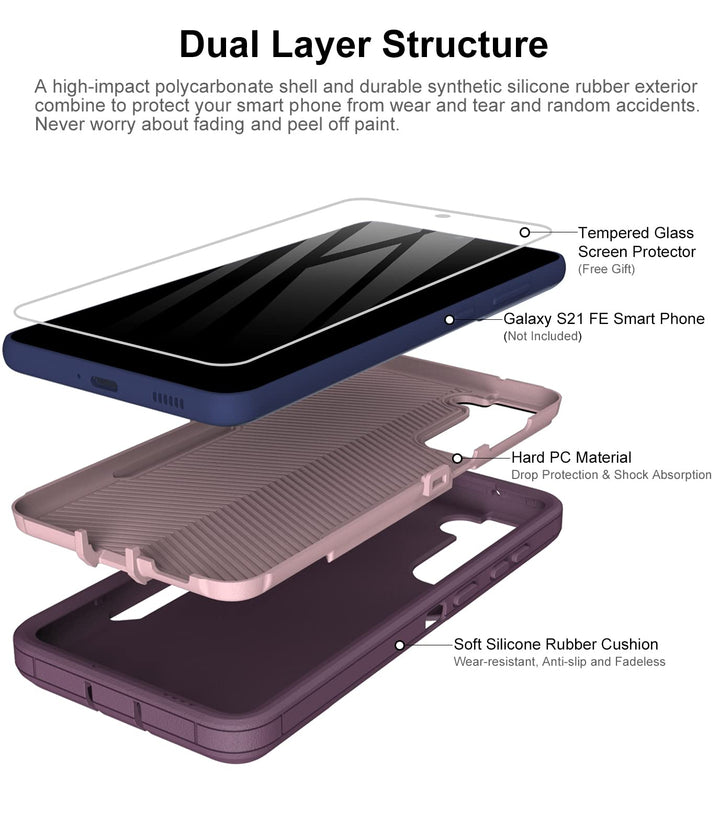 for Samsung Galaxy S21 FE 5G Case, and Glass Screen Protector, Dust Proof Port Cover, Full Body Protection Durable Rubber Cover Phone Case, Purple