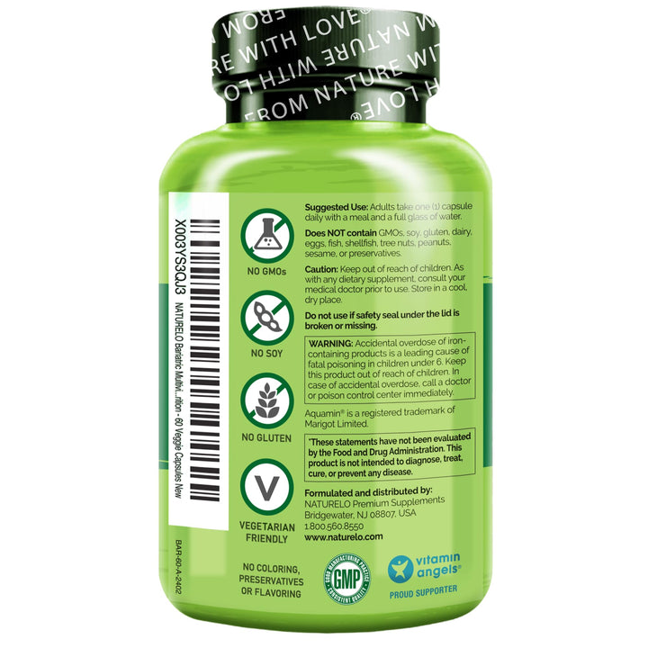 Bariatric Multivitamin - One Daily with Iron - Supplement for Post Gastric Bypass Surgery Patients - Natural Whole Food Nutrition - 60 Veggie Capsules