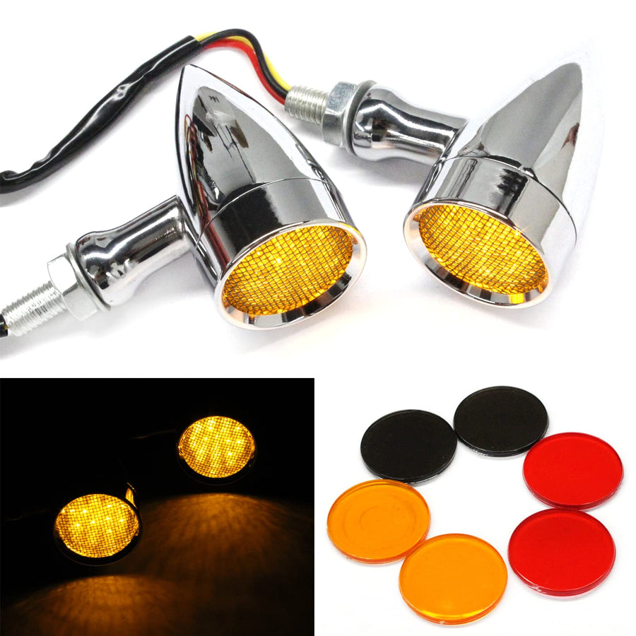 2pcs Chrome 15 LED Motorcycle Stop Brake Running Turn Signal Indicator Amber Lights For Harley Honda Chopper (Chrome with net-Amber Light)