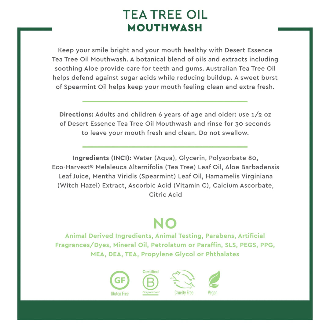 Tea Tree Oil Mouthwash with Essential Spearmint Oil & Aloe - Deep Cleansing, Invigorating Fresh Breath - Fights Cavities & Buildup - Vegan, Non-GMO, SLS-Free, Gluten-Free - 8oz