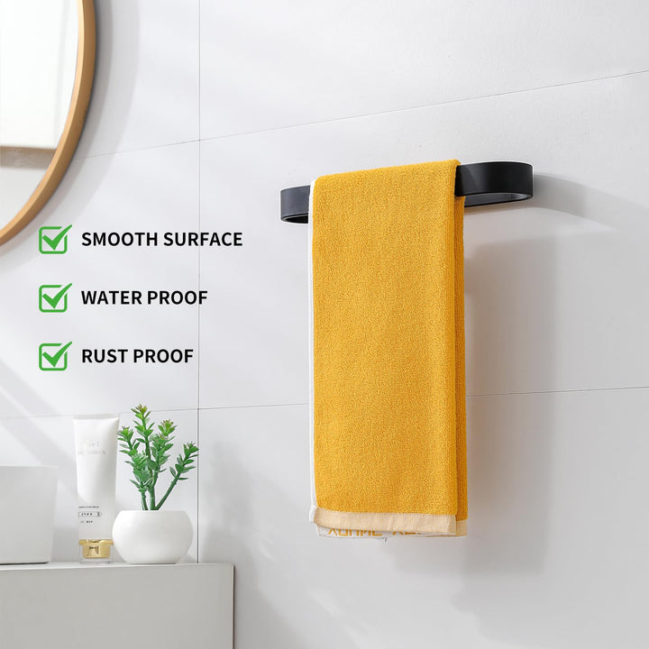 Adhesive Towel Bar for Bathroom Black 17.3 in, Hand Towel Holder Wall Mounted Kitchen Towel Rack with 2 Hooks, No Drilling Glue/Screw in