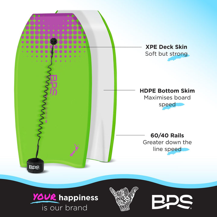 37 Body Board Pack for Kids and Adult - Lightweight Bodyboard w/ HDPE Slick Bottom for Additional Speed and Maneuverability - Bodyboard with Includes Leash Coiled (Green/Purple)