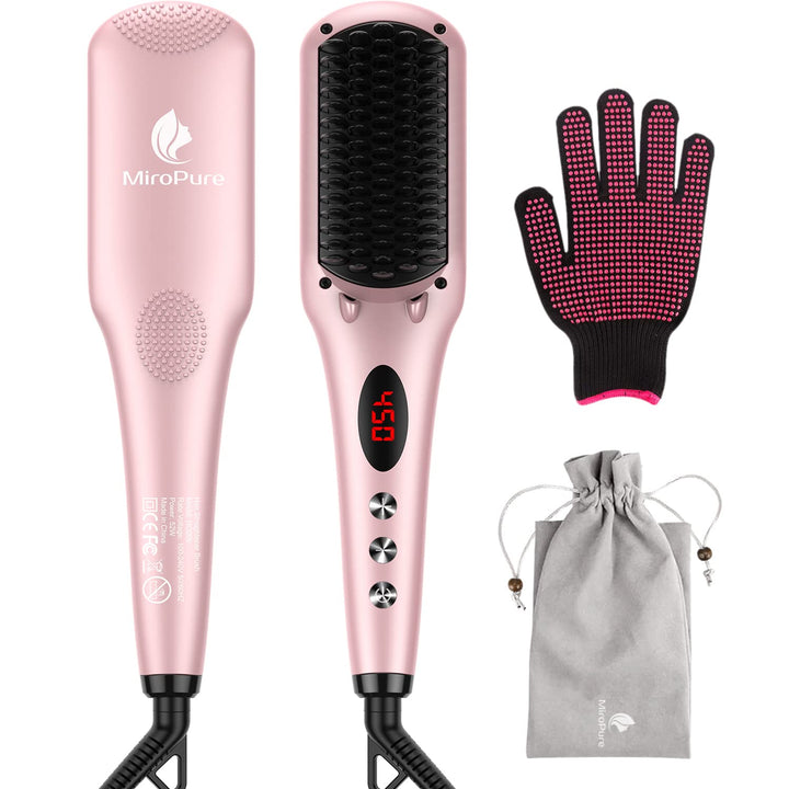 Enhanced Hair Straightener Heat Brush , 2-in-1 Ceramic Ionic Straightening Brush, Hot Comb with Anti-Scald Feature, Auto Temperature Lock & Auto-Off Function (Pink) 4 Piece Set