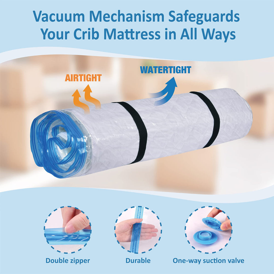 Crib Mattress Vacuum Bag, Protect & Compress Crib Mattress by 80%,Heavy Duty Zippered Crib Mattress Storage Bag for Moving Crib & Crib Storage, Infant Mattress Storage Bag