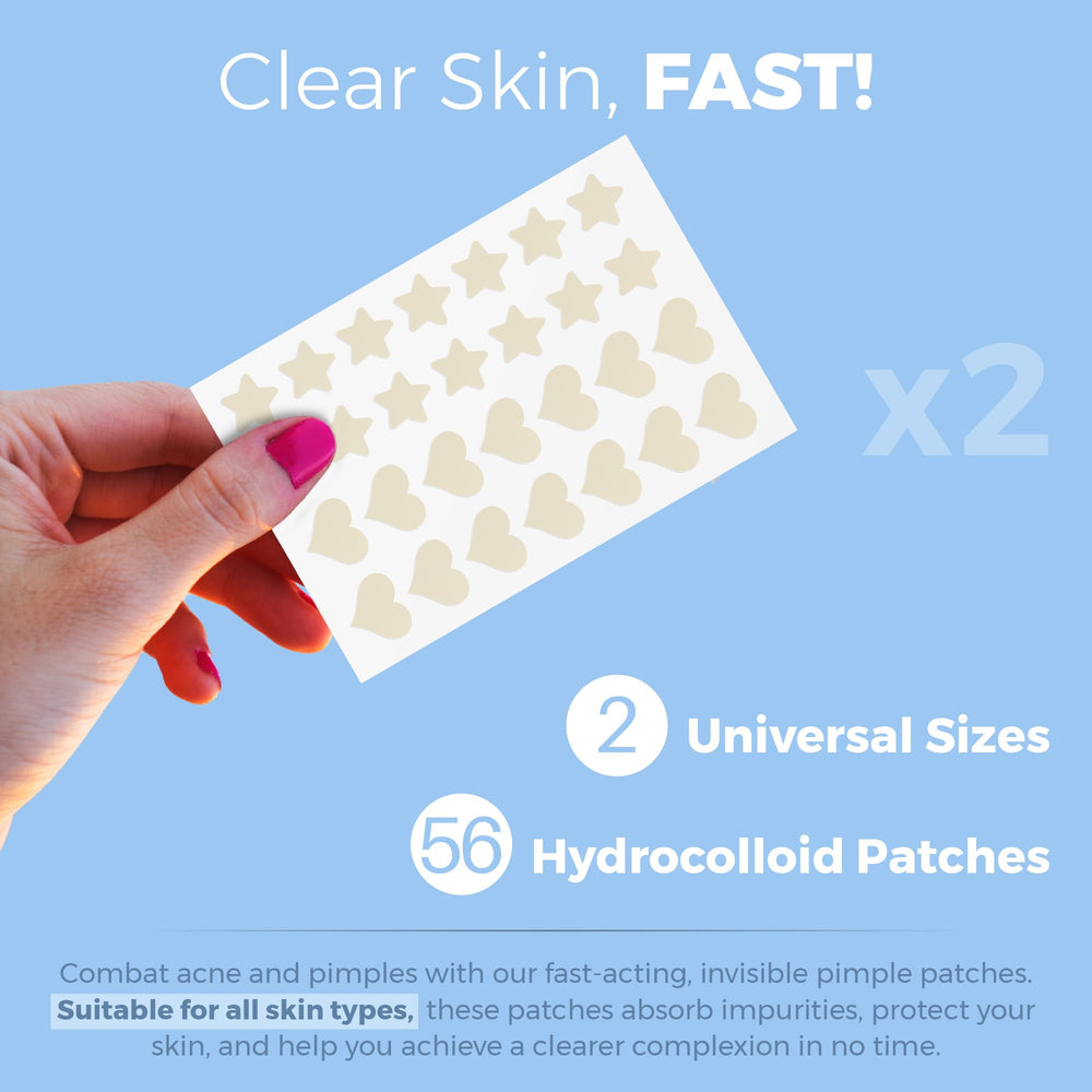 Acne Patches for Face - Hydrocolloid Bandages (56 Count) Pimple Patches for Face in Hearts & Stars, Acne Spot Treatment Care for Face & Skin Spot Patch Conceals Zits, Acne and Blackheads