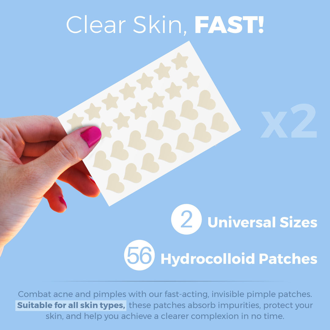 Acne Patches for Face - Hydrocolloid Bandages (56 Count) Pimple Patches for Face in Hearts & Stars, Acne Spot Treatment Care for Face & Skin Spot Patch Conceals Zits, Acne and Blackheads