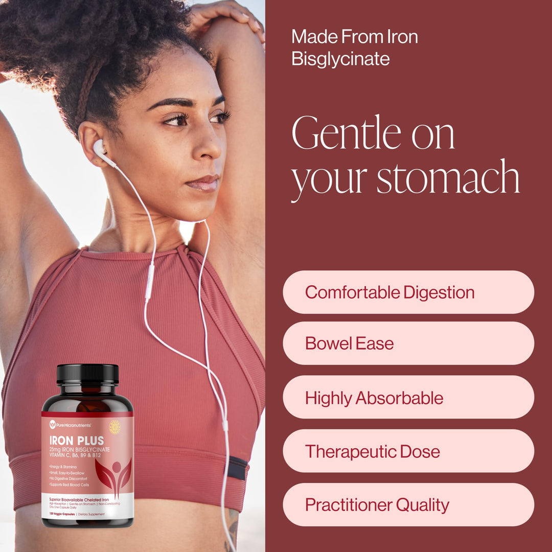 Iron Supplement for Women & Men, Natural Ferrous Chelate, Bisglycinate 25mg + Vitamin C, B6, B12, Folic Acid - IronPills for Iron Deficiency & Energy Support - 120 Count