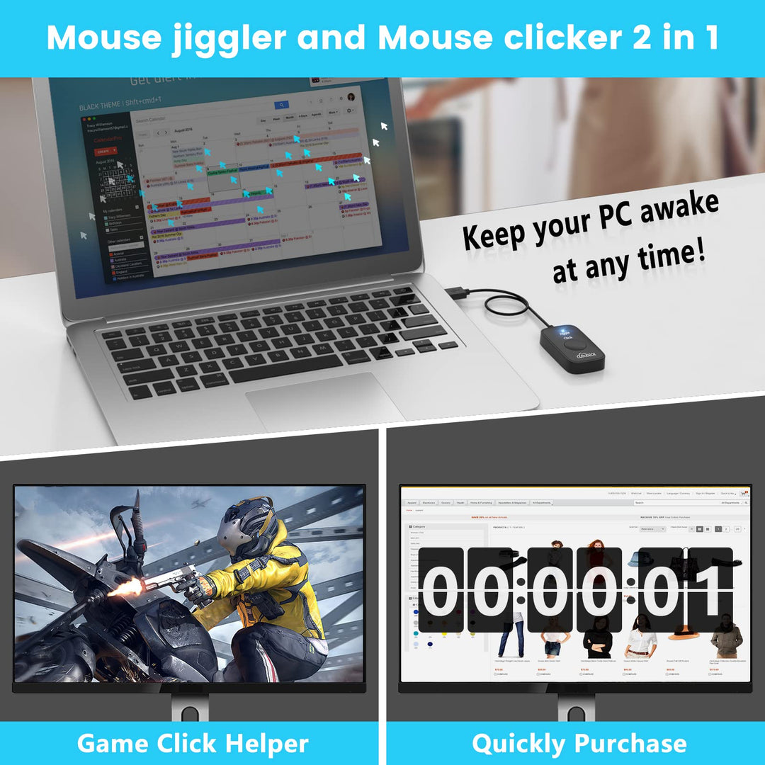 Mouse Jiggler Undetectable for Computer, USB Mouse Mover, Gaming Automatic Continuous and Assistive Click Device, Plug & Play, Simulate Mouse Pointer Movement to Prevent PC Going Sleep