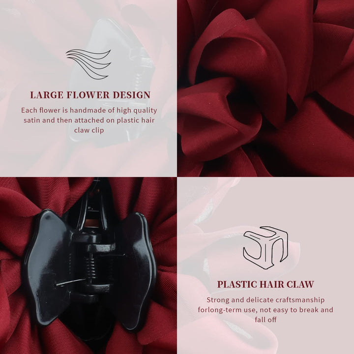 4 Pack Blue Black Burgundy Red Green Butterfly Octopus Korean Ribbon Silk Chiffon Large Rose Flower Bows Plastic Hair Claw Clips Jaw Barrettes Grips Clamps Decorative Bun Chignon Accessories for Women