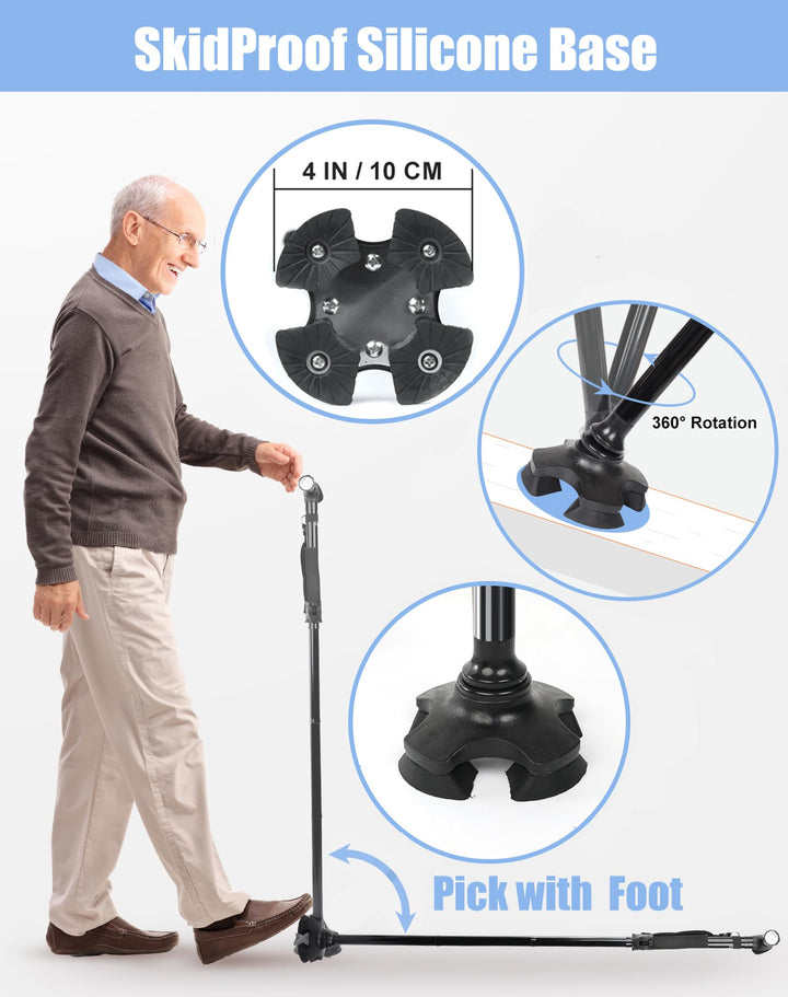 Folding Walking Cane with LED Light for Men and Women, 5 Heights Adjustable, Collapsible Elderly Walking Stick with Side Handle, Black