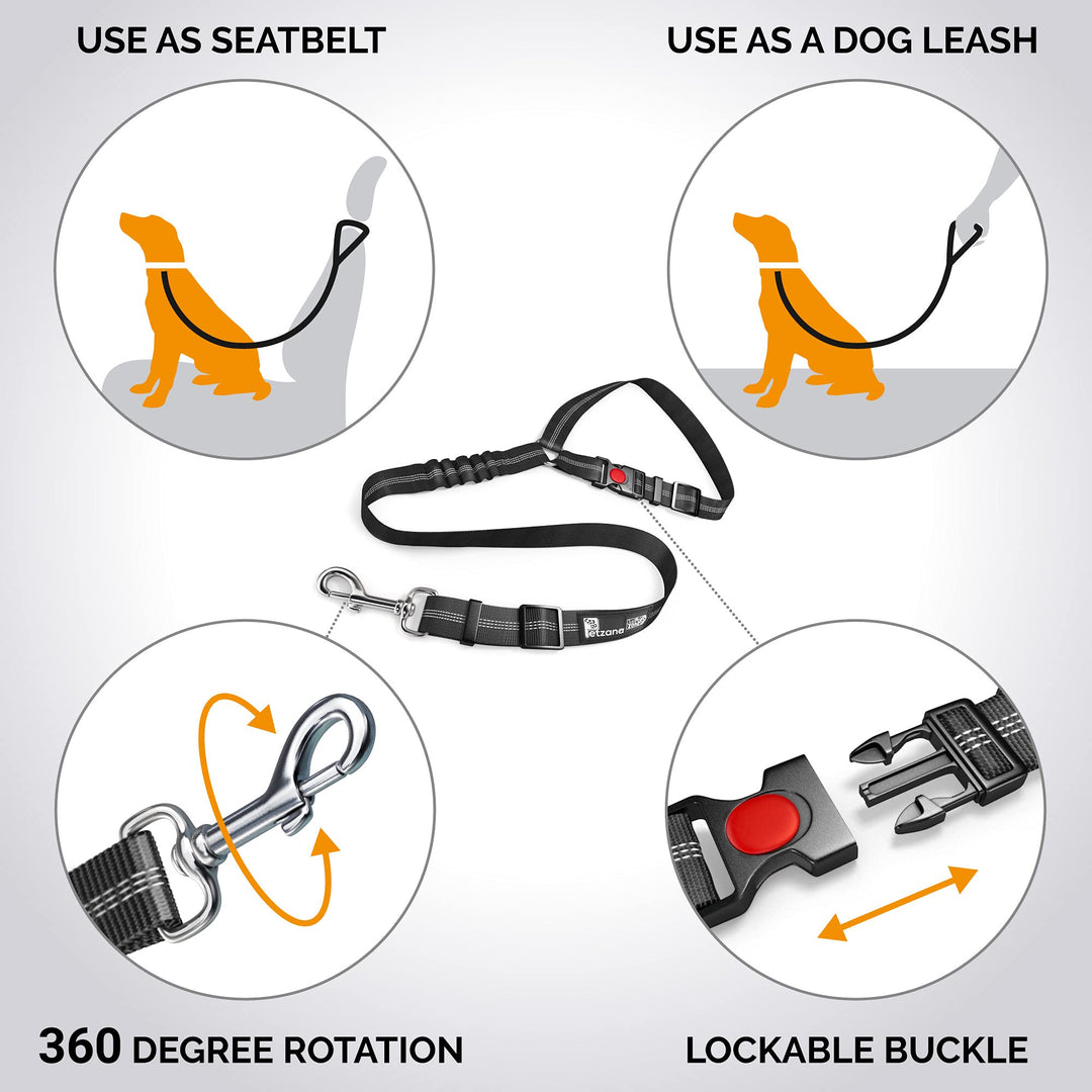 Dog Seat Belt Harness for Car - 2-in-1 Leash and Restraint Secures to Headrest. Adjustable Bungee, Strong, Durable, 360 Degree Swivel Attach Won't Twist, Reflective, Easy to Use (Black, 1PACK)