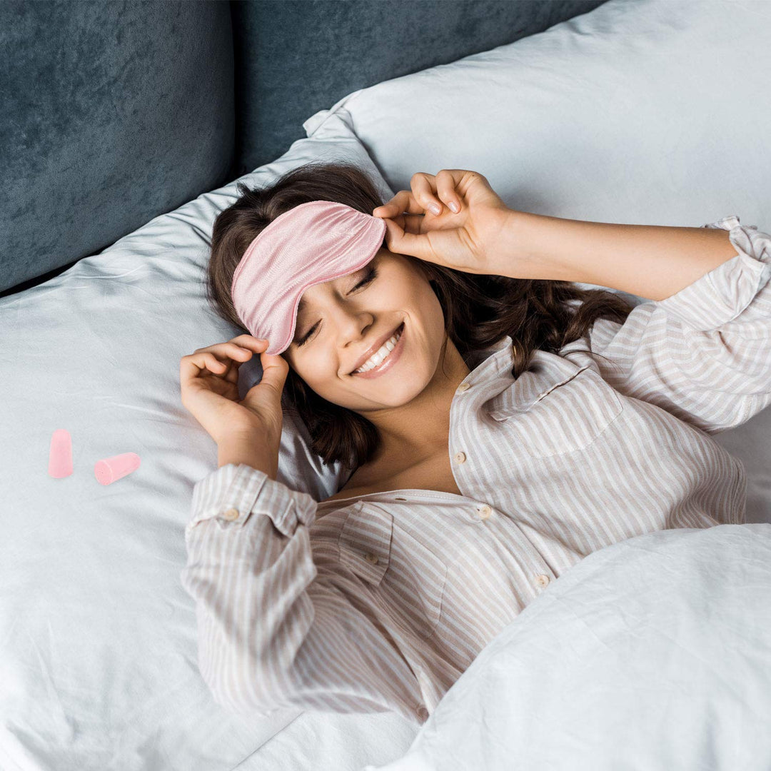 2 Pcs Silk Sleep Eye Cover with Ear Plugs and Elastic Strap, Soft and Smooth Eye Cover for Men & Women Night Sleeping, Travel, Nap (Pink & Black)