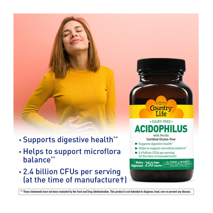 Acidophilus Probiotic Supplement for Women & Men - Free from Common Allergens - 2.4 Billion CFUs to Support Digestive Health - Dairy-Free, Non-GMO, 250 Vegan Capsules
