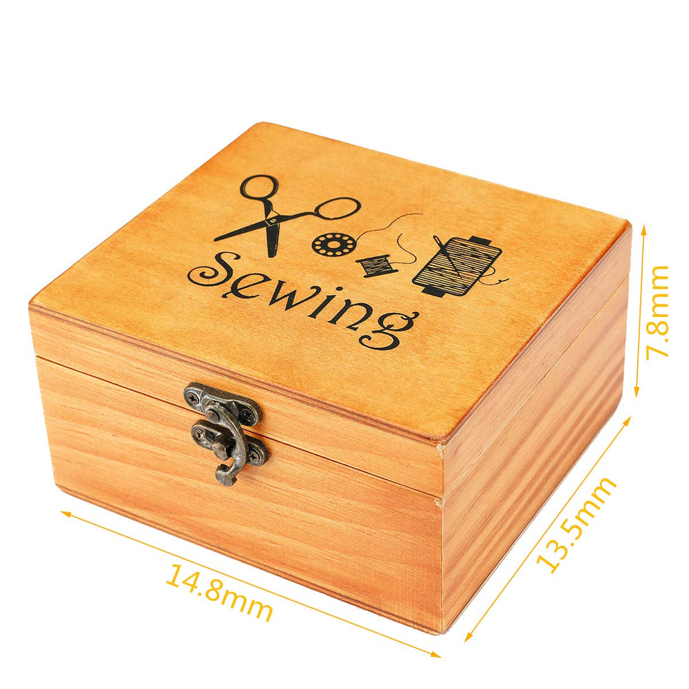Sewing Kit, Wooden Sewing Kit Box for Adults, Wooden Sewing Basket with Accessories, Home Sewing Basket Stitching Repair Kit for Beginner, Women, Men (Brown)