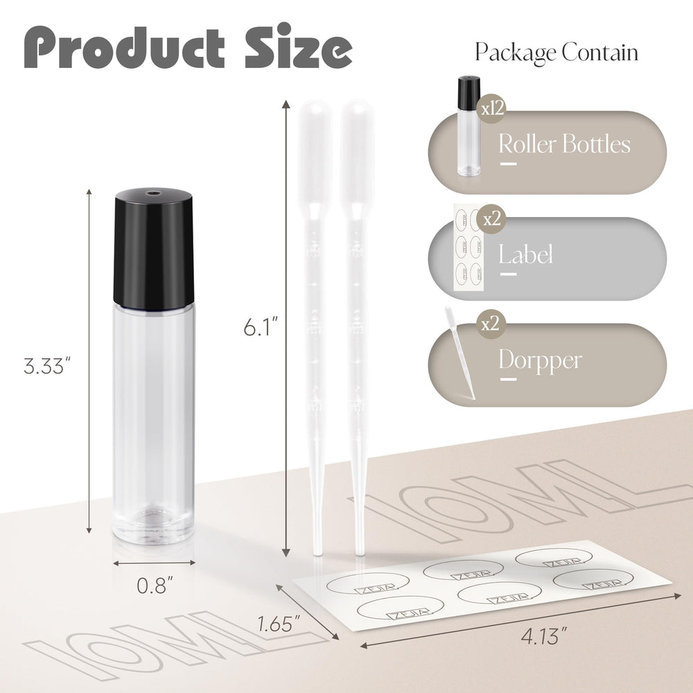 10ml Roller Bottles 12Pack Clear Thick Glass Essential Oil Roller Bottles Stainless Steel Roller Ball with 2 Droppers