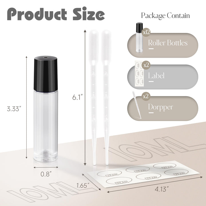 10ml Roller Bottles 12Pack Clear Thick Glass Essential Oil Roller Bottles Stainless Steel Roller Ball with 2 Droppers