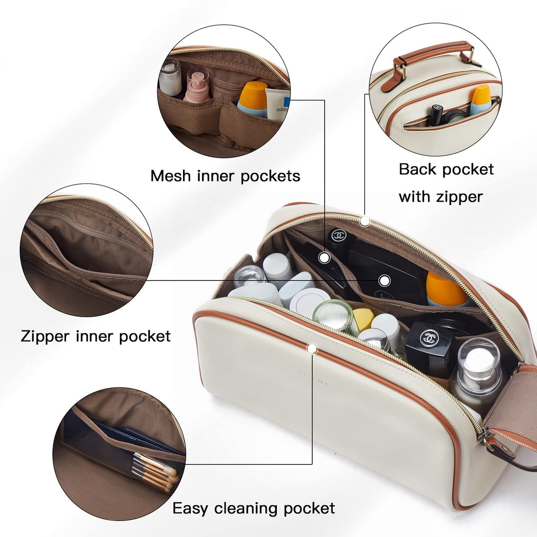 Travel Toiletry Bag Makeup Cosmetic Bags for Women Waterproof PU Leather Toiletry Organizer Portable Large Capacity Beige with Brown
