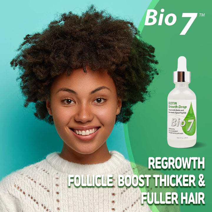 BIO7 BIOTIN GROWTH DROP INFUSED BIOMIMETIC SIGNAL PEPTIDE – 2 Fl Oz – Improve the Appearance of Hair Loss By Looking Visibly Longer, Thicker, Boost Follicle Growth –