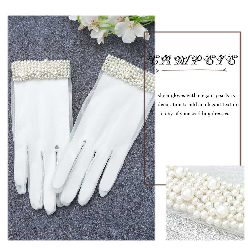 Wedding Bridal Lace Gloves White Sheer Pearl Gloves Elegant Full Fingered Gloves Prom Opera Dinner Party Cosplay for Women and Girls