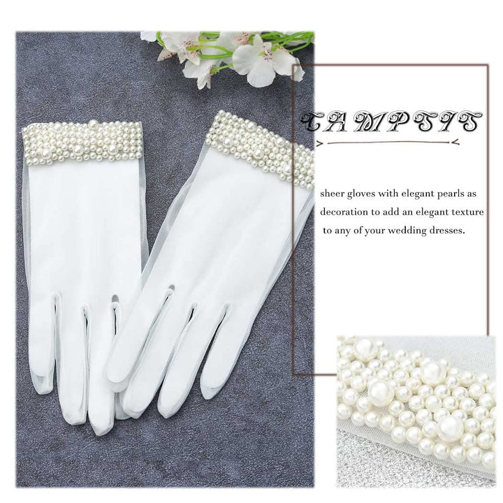 Wedding Bridal Lace Gloves White Sheer Pearl Gloves Elegant Full Fingered Gloves Prom Opera Dinner Party Cosplay for Women and Girls