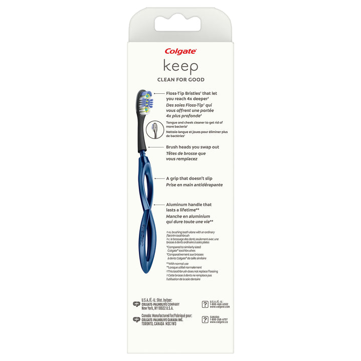 Keep Soft Manual Toothbrush for Adults with 2 Deep Clean Floss Tip Brush Heads, Silver
