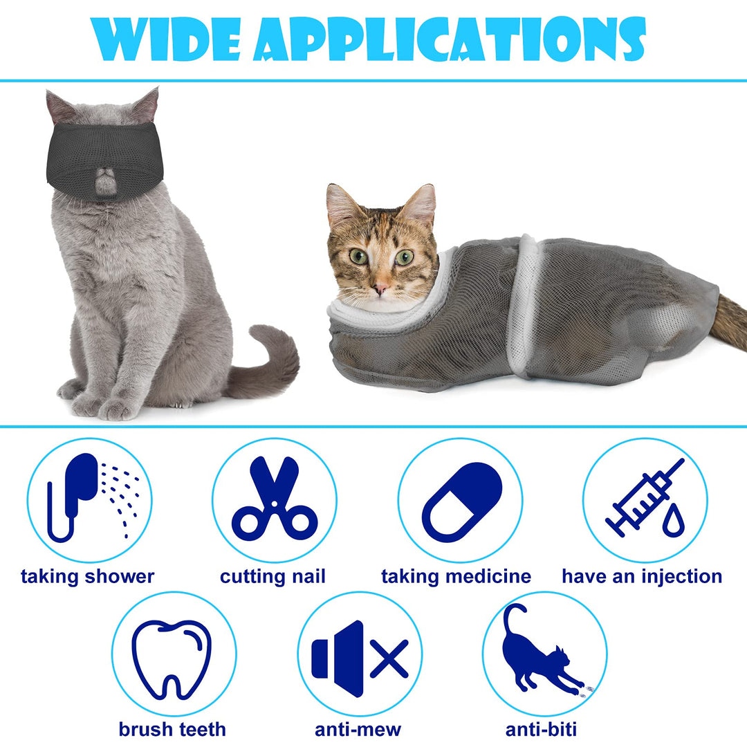 5 Pcs Cat Bathing Bag Set Cat Grooming Bag Adjustable Pet Shower Net Bag Muzzles Nail Clipper Tick Remover Tool Massage Brush (Grey-White)