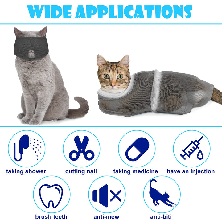 5 Pcs Cat Bathing Bag Set Cat Grooming Bag Adjustable Pet Shower Net Bag Muzzles Nail Clipper Tick Remover Tool Massage Brush (Grey-White)