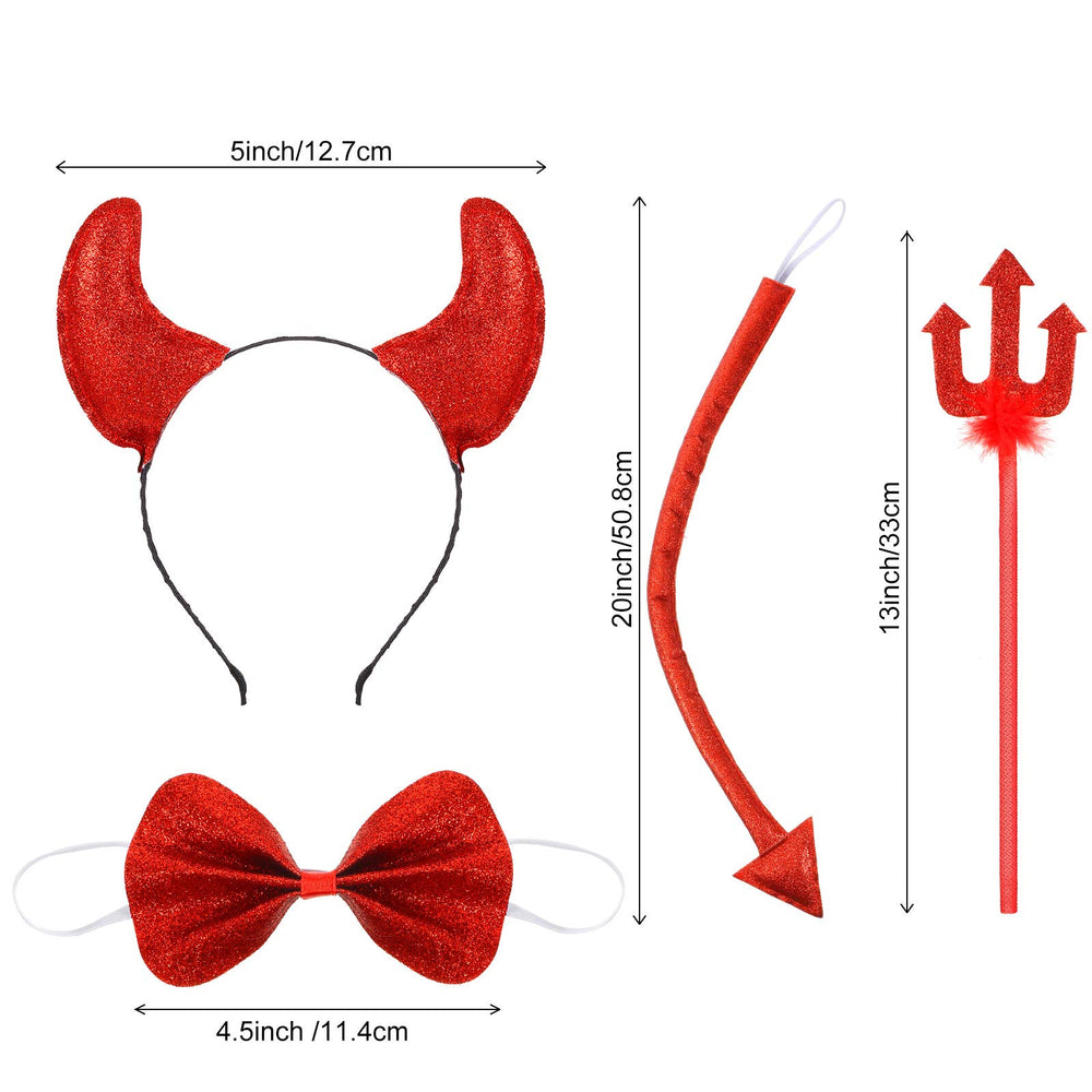 Devil Costume Accessories, Devil Horn Headband, Bow Tie, Tail, Devil Fork and Long Gloves for Halloween Carnival Costume(Black)