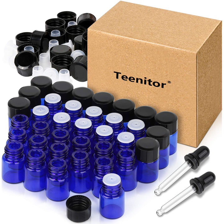 Essential Oils Sample Bottles, 36 Pcs 2 ml (5/8 Dram) Cobalt Blue Oil Bottles For Essential oils, Amber Glass Vials With 2 Free Glass Transfer Eye droppers