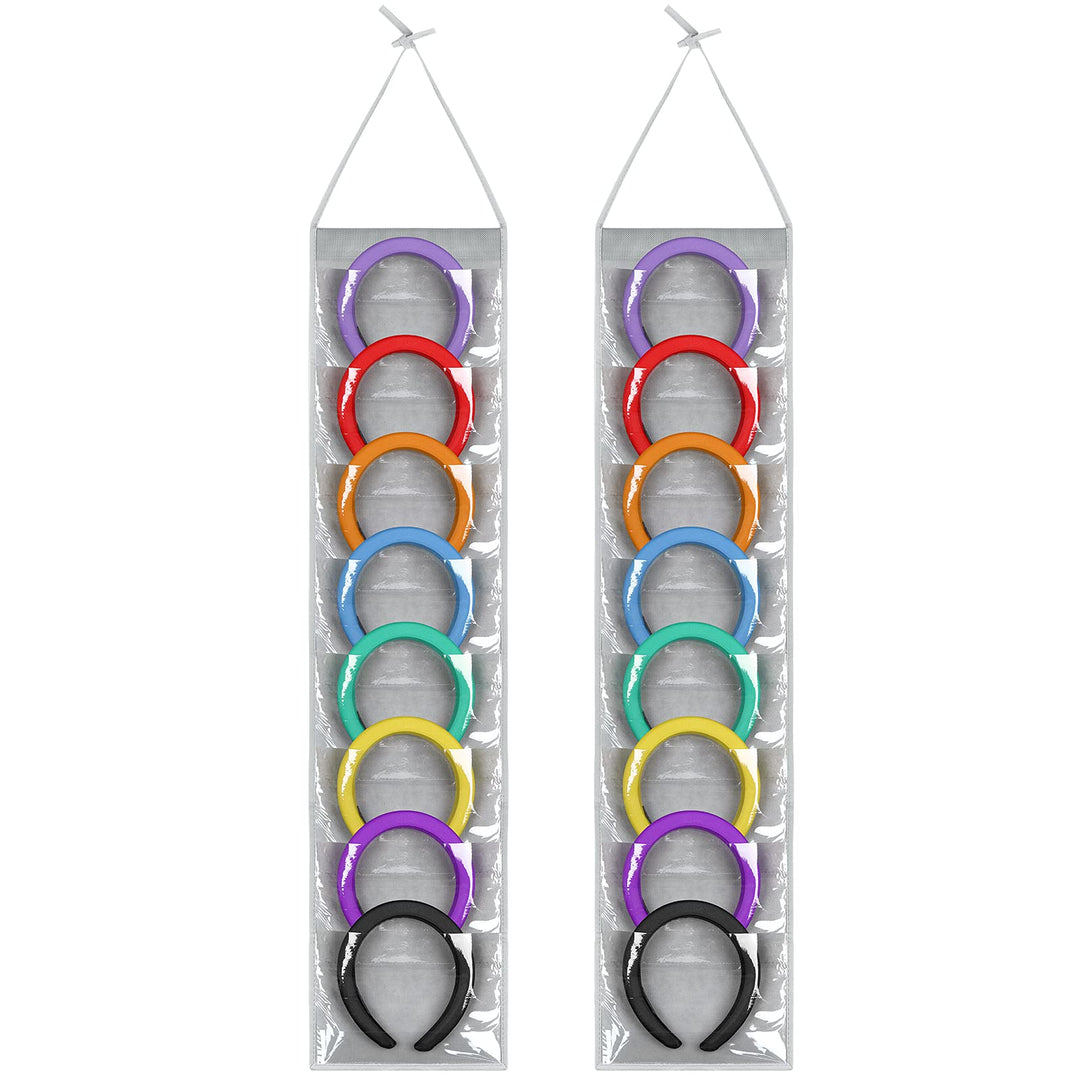 Headband Holder,Hanging Headband Storage Organizer Women, headphone organizer classroom Hair Accessory Holder with PVC Clear Pockets(8.7 inches,Gray)