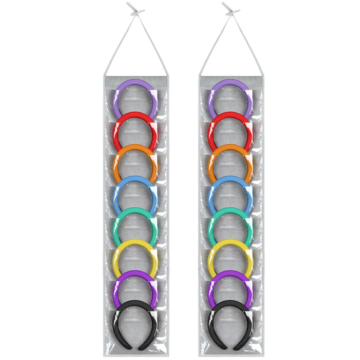 Headband Holder,Hanging Headband Storage Organizer Women, headphone organizer classroom Hair Accessory Holder with PVC Clear Pockets(8.7 inches,Gray)