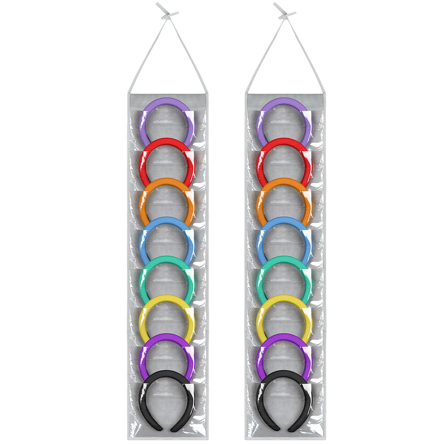 Headband Holder,Hanging Headband Storage Organizer Women, headphone organizer classroom Hair Accessory Holder with PVC Clear Pockets(8.7 inches,Gray)