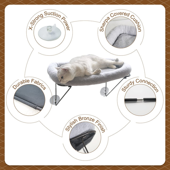 Cat Window Perch - 100% Metal Supported from Below - Comes with Warm Spacious Pet Bed - Cat Window Hammock for Large Cats & Kittens - for Sunbathing, Napping & Overlooking (Grey)