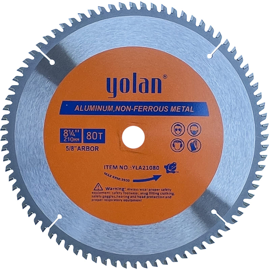 Yolan 8-1/4-Inch 80 Teeth Circular Saw Blade with 5/8-Inch Diamond Knockout Arbor, Steel for Cutting Aluminum, Non-Ferrous Metal Table Saw Accessories,Polished Miter Saw Blade Silver