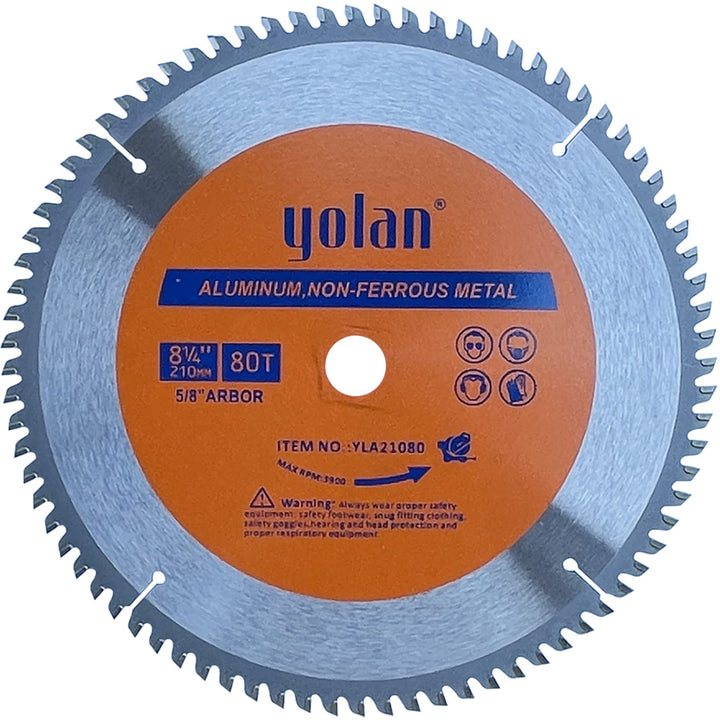 Yolan 8-1/4-Inch 80 Teeth Circular Saw Blade with 5/8-Inch Diamond Knockout Arbor, Steel for Cutting Aluminum, Non-Ferrous Metal Table Saw Accessories,Polished Miter Saw Blade Silver