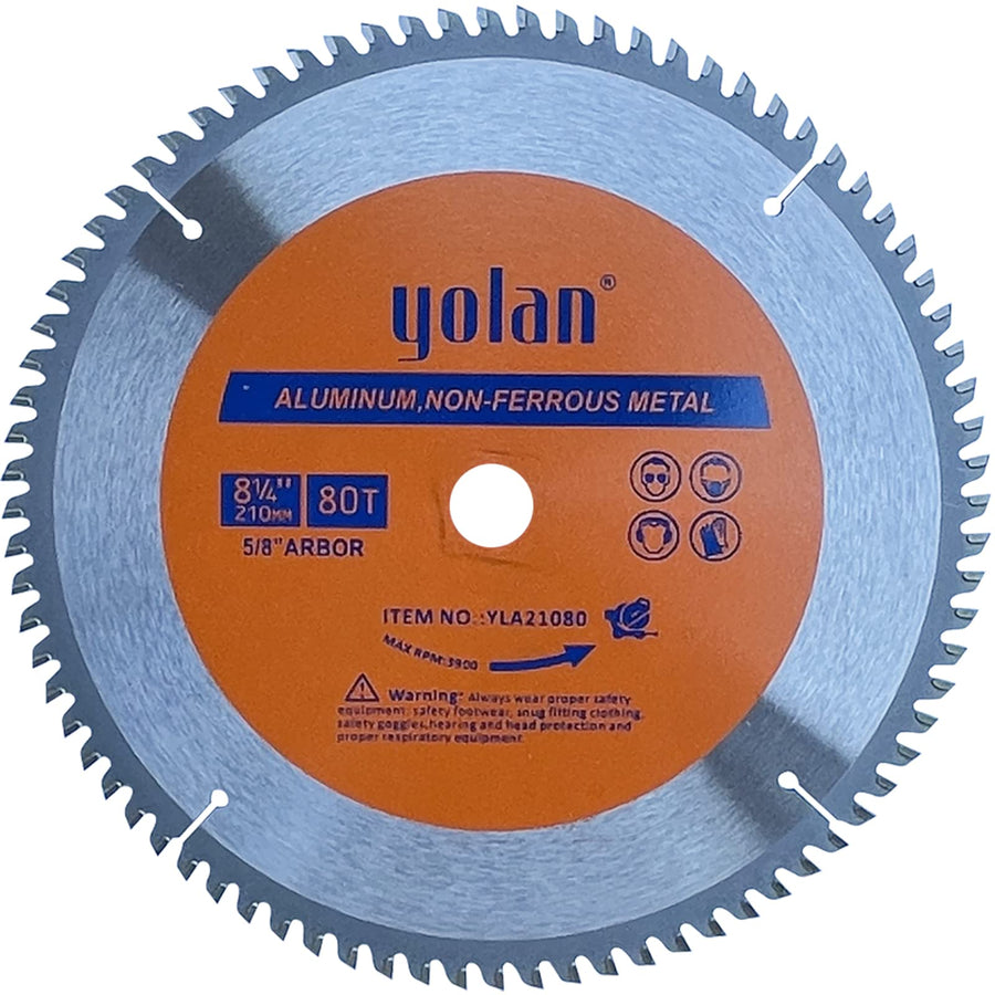 Yolan 8-1/4-Inch 80 Teeth Circular Saw Blade with 5/8-Inch Diamond Knockout Arbor, Steel for Cutting Aluminum, Non-Ferrous Metal Table Saw Accessories,Polished Miter Saw Blade Silver