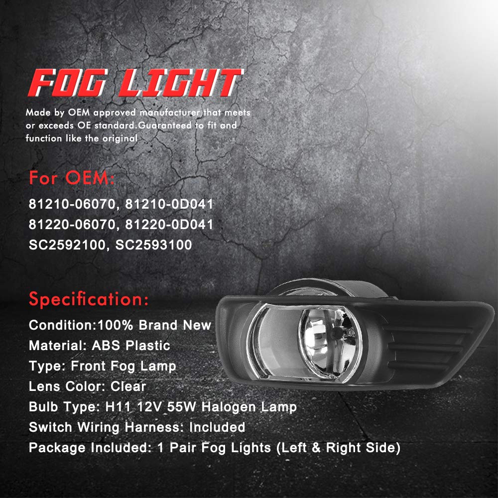 Driving Fog Lights Lamps Replacement for Toyota Camry 2007 2008 2009 with H11 12V 55W Halogen Bulbs & Universal Switch and Wiring Kit (Clear Lens)