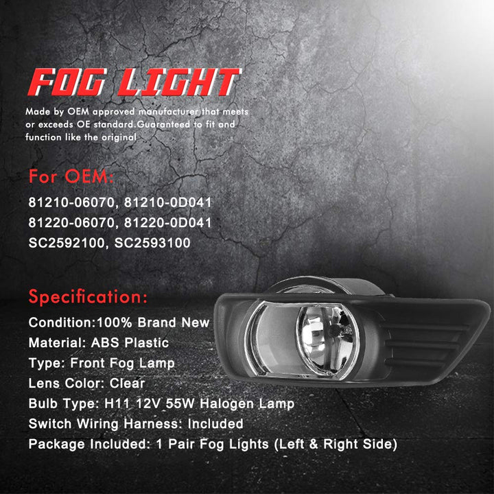 Driving Fog Lights Lamps Replacement for Toyota Camry 2007 2008 2009 with H11 12V 55W Halogen Bulbs & Universal Switch and Wiring Kit (Clear Lens)