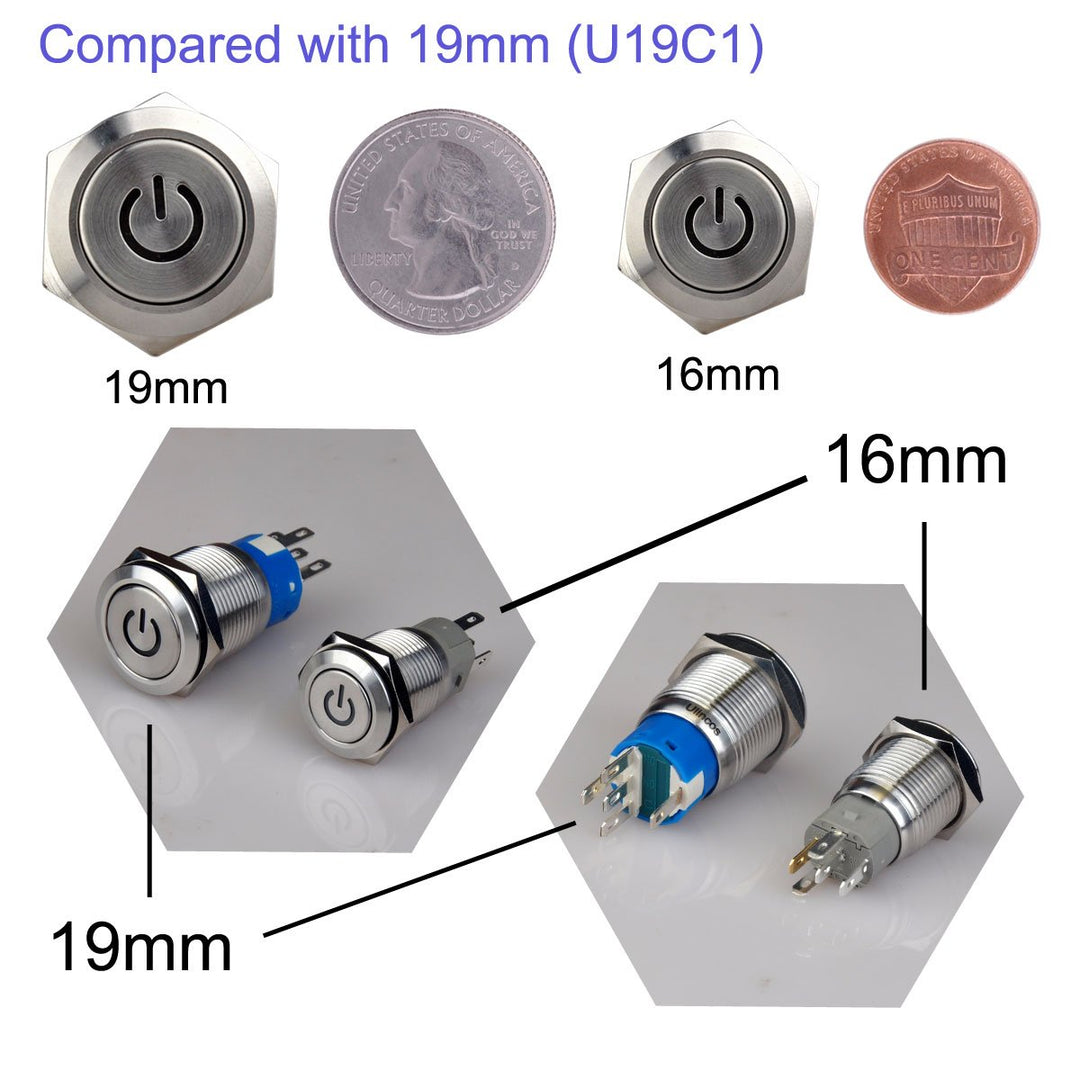 Latching Push Button Switch U16F5 1NO1NC SPDT ON/Off Silver Stainless Steel Shell with Green Power Symbol LED Suitable for 16mm 5/8 Mounting Hole (Green)