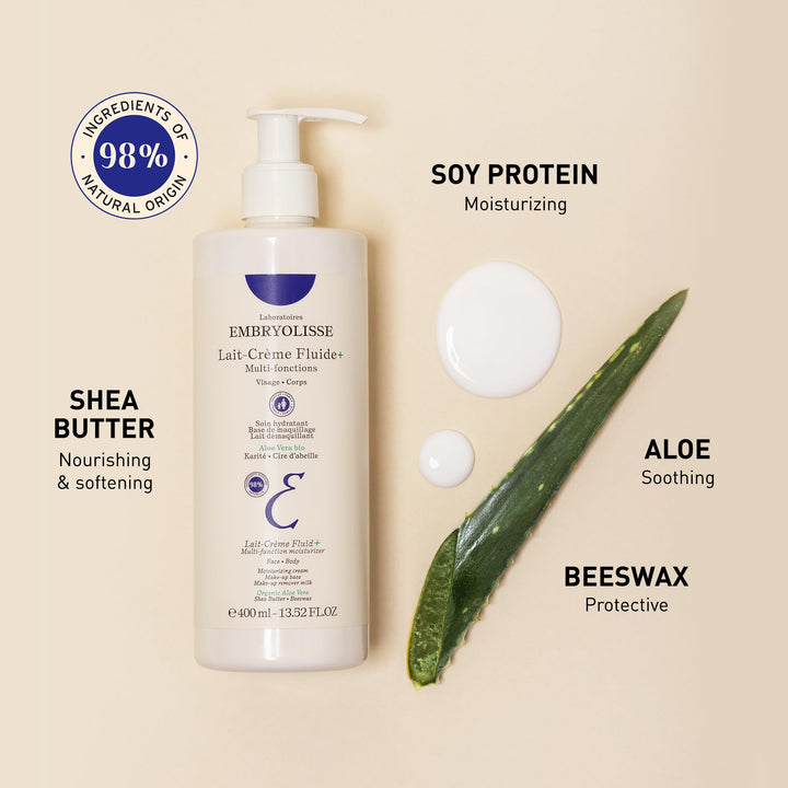 Lait Creme Fluid Face & Body Cream. Lightweight Moisturizer for All Skin Types. Hydrating Lotion with Shea Butter & Aloe Vera, 2.54 Fl Oz