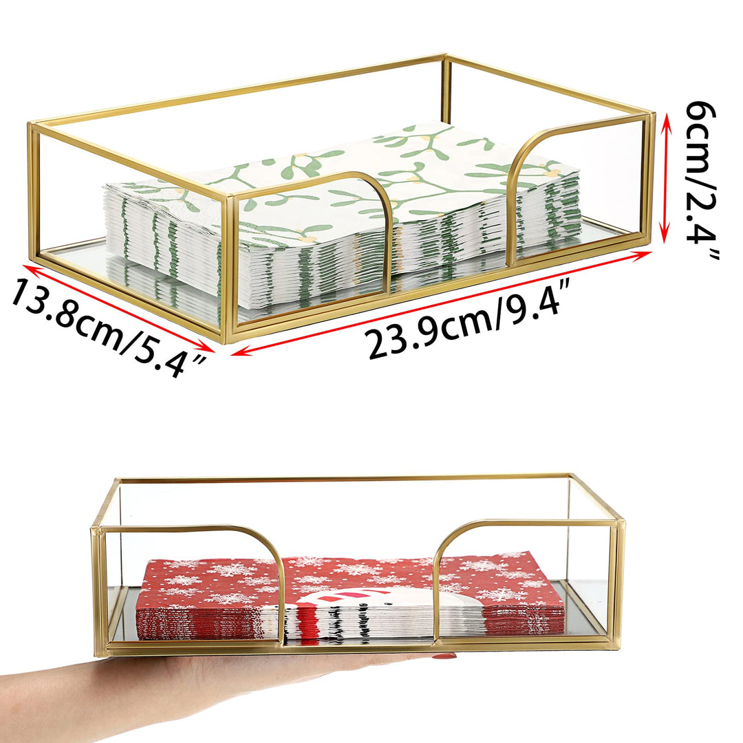 Bathroom Guest Towel Holder - Rectangle Glass Napkin Holder for Guest Hand Towels Paper Napkins, Decorative Napkin Holder Tray for Bathroom Vanity Toilet Tank Table Kitchen Countertop, Gold