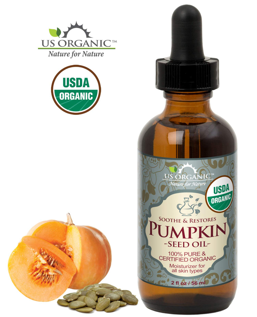 Pumpkin Seed Oil, USDA Certified Organic, Pure, Natural, Cold Pressed Virgin, Unrefined in Amber Glass Bottle w/Glass Eyedropper (Small (2 oz, 56 ml))