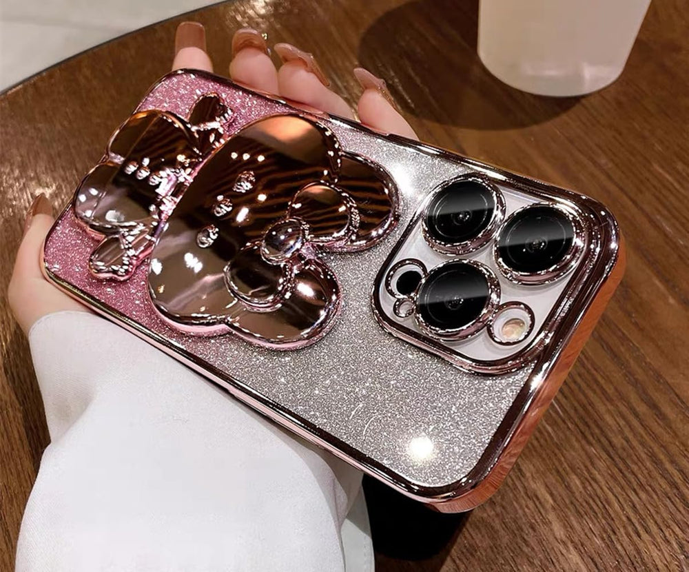 for iPhone 12 Pro Max Phone Case Cute Glitter Girly Women Flower Design,Luxury Plating Pearly Lustre Pattern,Sparkle Bling Diamond Butterfly Kickstand,Plating Hard Back Rugged Bumper Cover