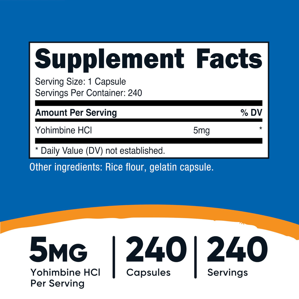 Yohimbine HCl 5mg, 240 Capsules Extra Strength - Gluten Free, Non-GMO