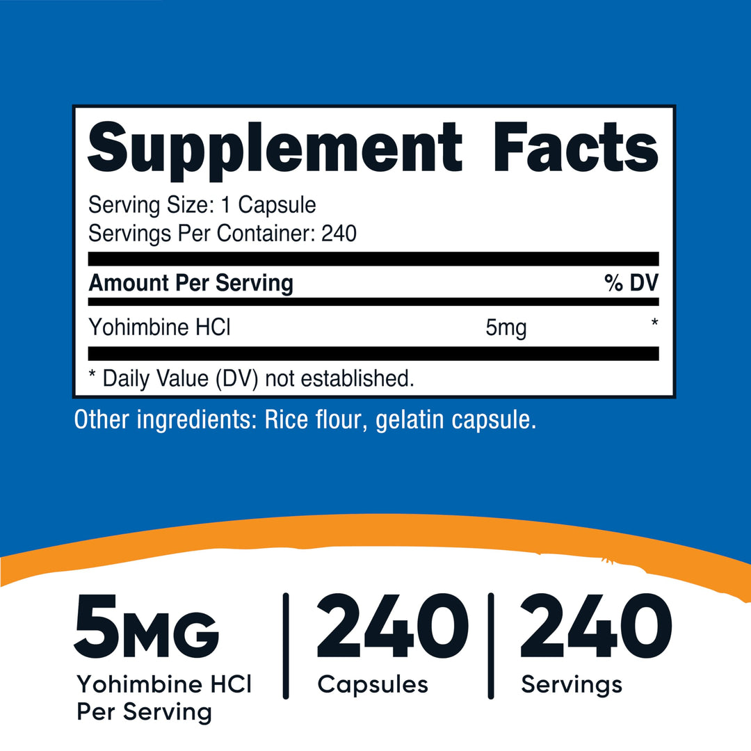 Yohimbine HCl 5mg, 240 Capsules Extra Strength - Gluten Free, Non-GMO